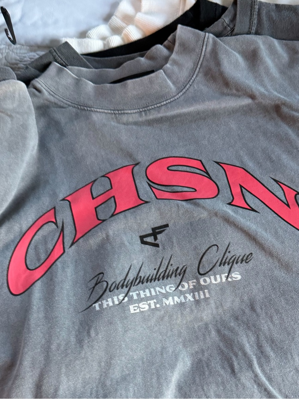 Gray Short Sleeve Graphic Tee with Pink Lettering